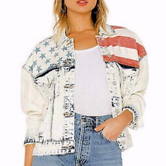 Blank NYC American Flag Distressed Denim Jacket - Picture 1 of 13